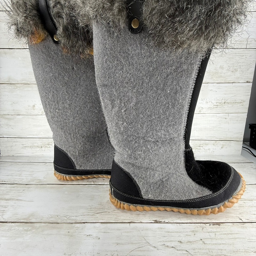 Sorel Winter Fancy Tall Boots Grey Black Faux Fur Wool Felt Womens 8 NL1883-060